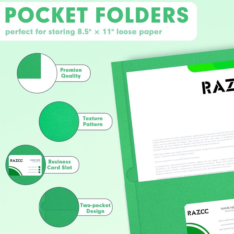 RAZCC Two Pocket Folders, 50 Pack 2 Pocket Folders Fit Letter Size Paper, Paper Folders with Pockets for School Office Business Home (Green) - Image 3